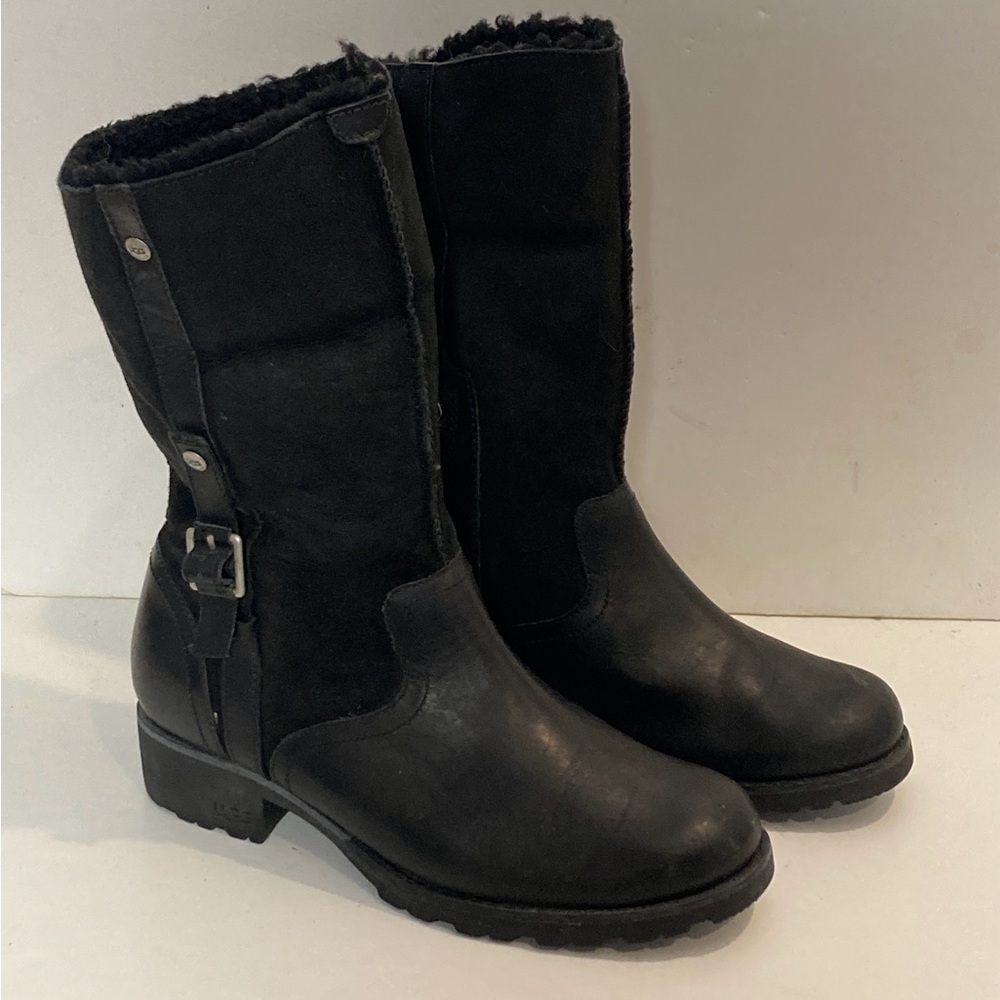 UGG Bellvue Black Suede Leather Shearling Mid Calf Boots Sz 8.5 Foldable